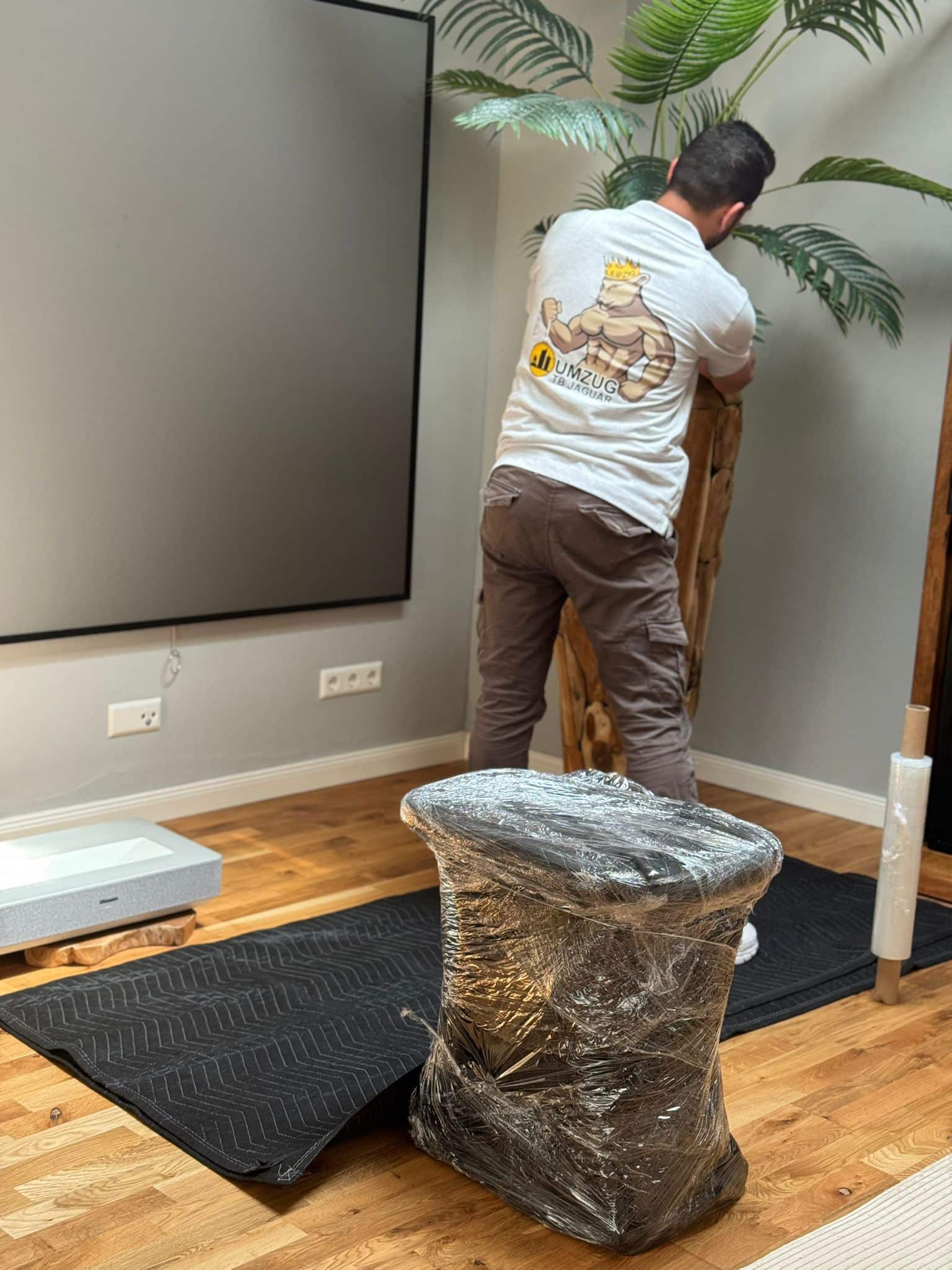 Eine Person mit weißem Hemd bewegt während eines Firmenumzugs in Leipzig eine große künstliche Palme in einem Raum mit Holzboden. Auf dem Boden liegt ein eingewickelter Gegenstand, daneben liegt eine schwarze Matte. Der Rücken der Person ist der Kamera zugewandt. - Umzug TB Jaguar Leipzig