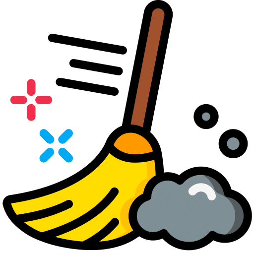 Ein gelber Besen mit braunem Stiel fegt einen Haufen grauen Staub zusammen, bunte Funken und Bewegungslinien zeigen die Reinigungsaktion - perfekt für ein Umzugsunternehmen Leipzig, das für frische und aufgeräumte Räume sorgt. - Umzug TB Jaguar Leipzig