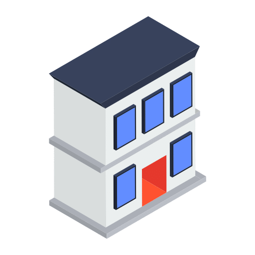 Isometrische Illustration eines zweistöckigen Gebäudes mit einem dunklen Dach, blauen Fenstern und einem orangefarbenen Eingang vor einem hellgrauen Hintergrund - ideal für die Präsentation eines Umzugsunternehmens Leipzig oder ähnlicher Umzugsdienste. - Umzug TB Jaguar Leipzig