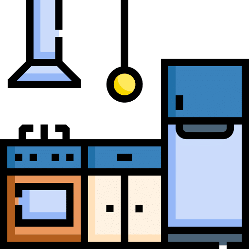 Illustration einer Küche, ideal für eine Broschüre des Umzugsunternehmens Leipzig, mit Kühlschrank, Herd mit Backofen, Schränken, Dunstabzugshaube und runder Hängelampe. Die Farbpalette ist eine Mischung aus Blau, Braun, Gelb, Schwarz und Weiß. - Umzug TB Jaguar Leipzig