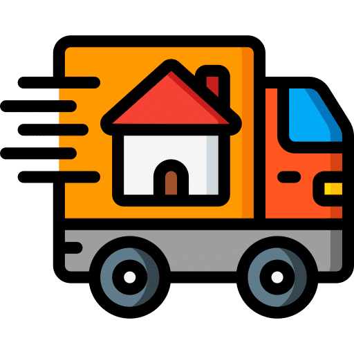 Illustration eines Umzugswagens mit einem Haussymbol und dem Wort "Kontakt" auf der Seite, Bewegungslinien, die die Bewegung zeigen, und das Fahrerhaus in leuchtenden orangen und blauen Farben. - Umzug TB Jaguar Leipzig